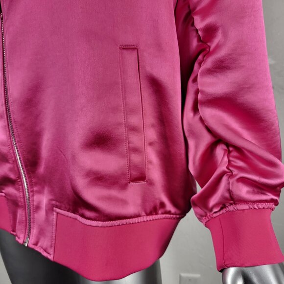 EXPRESS~SZ L~BRIGHT PINK SATIN LIKE FULL ZIP RUCHED SLEEVE BOMBER JACKET COAT - Picture 3 of 16